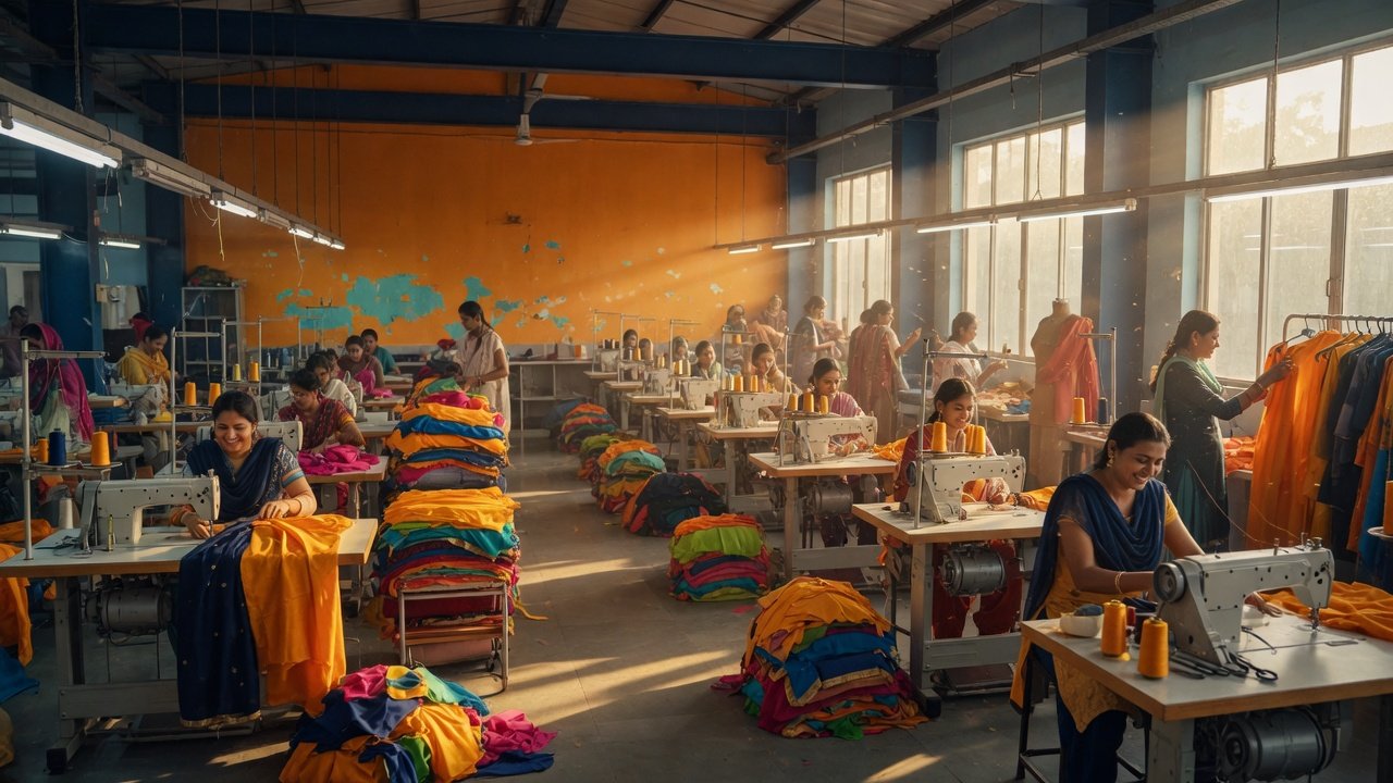 Garment factory production floor with sewing lines