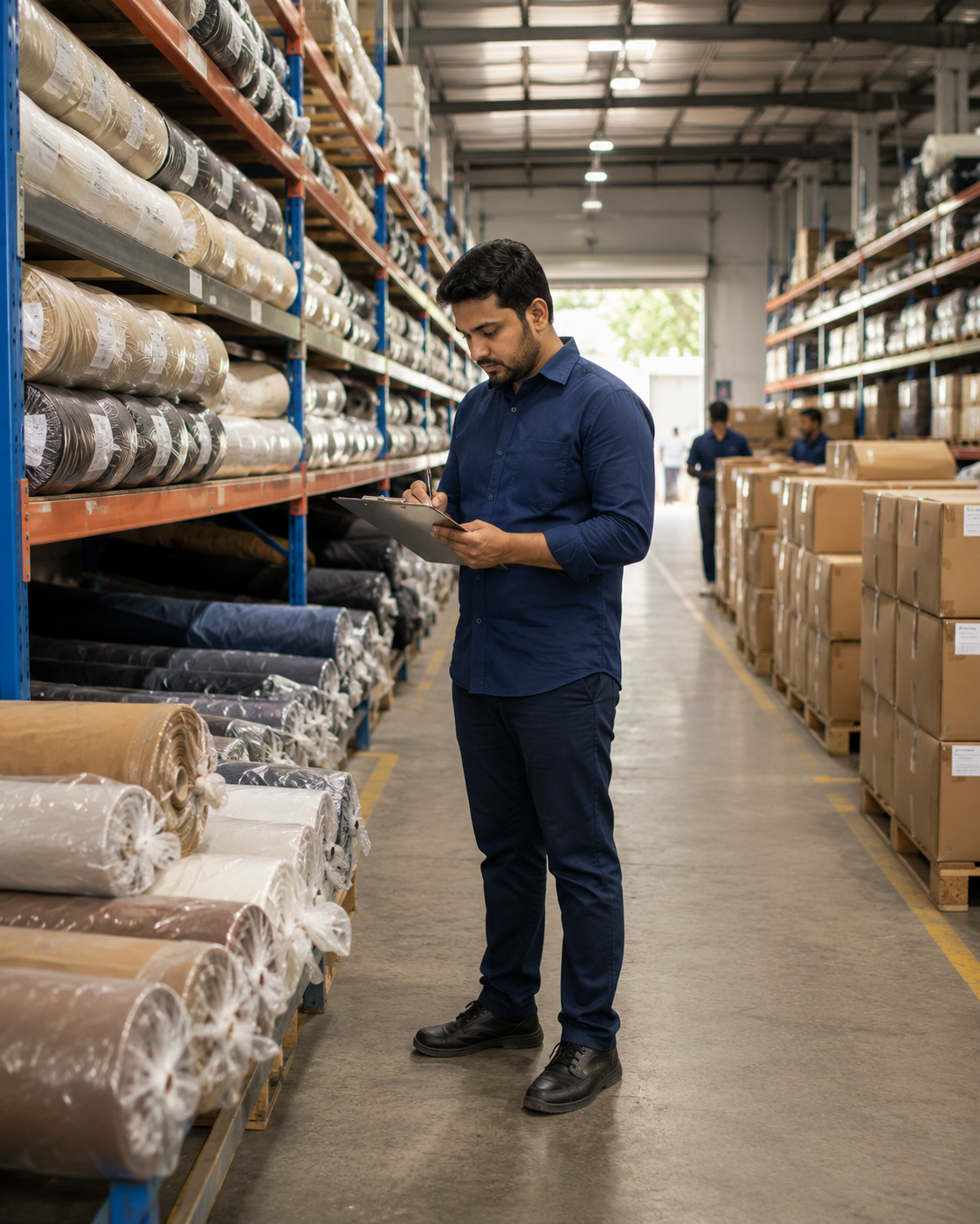 Factory professional reviewing material inventory and supply controls